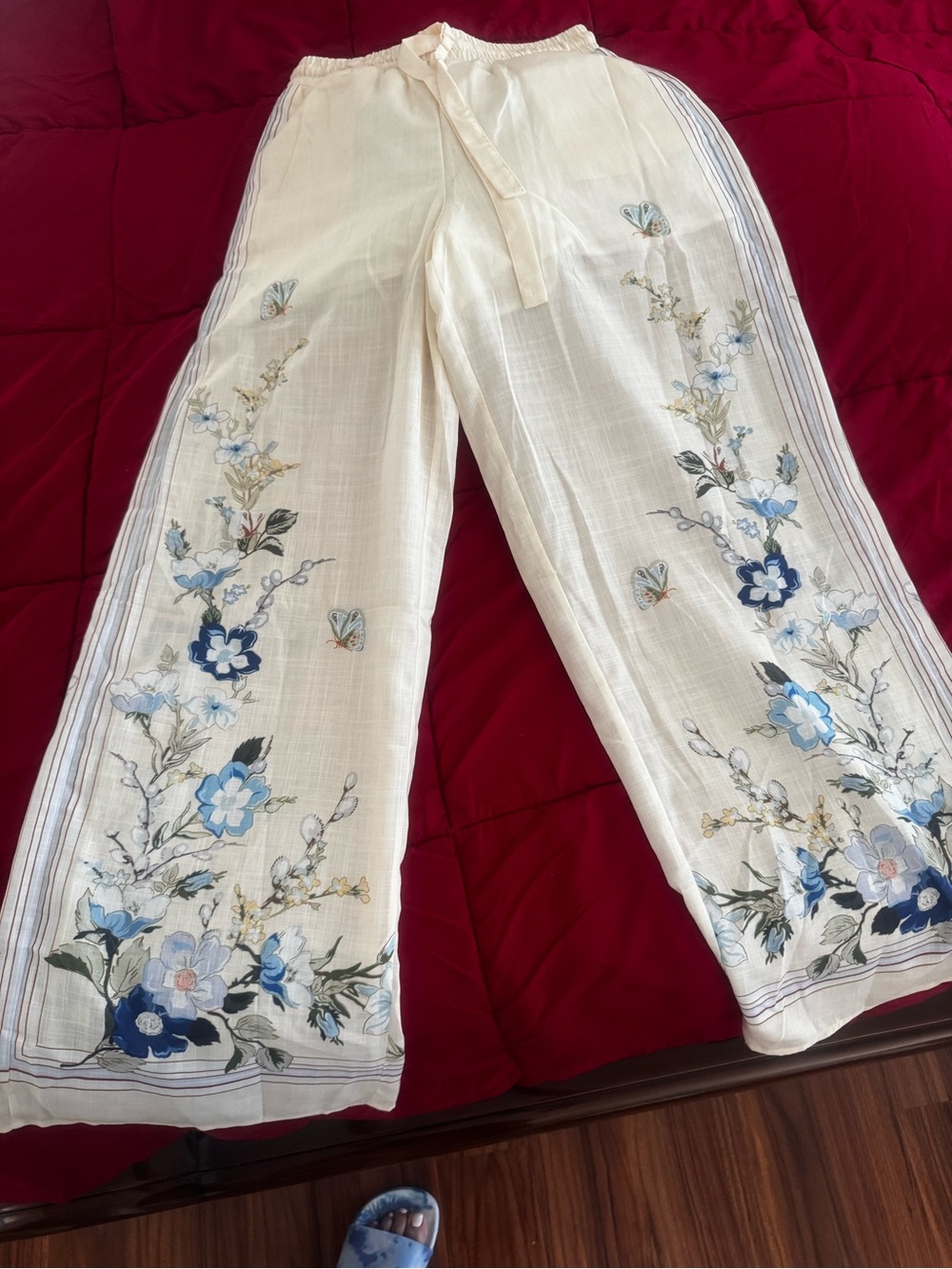 Zimmermann Cream Wide-Leg Trousers with Blue Floral Embroidery